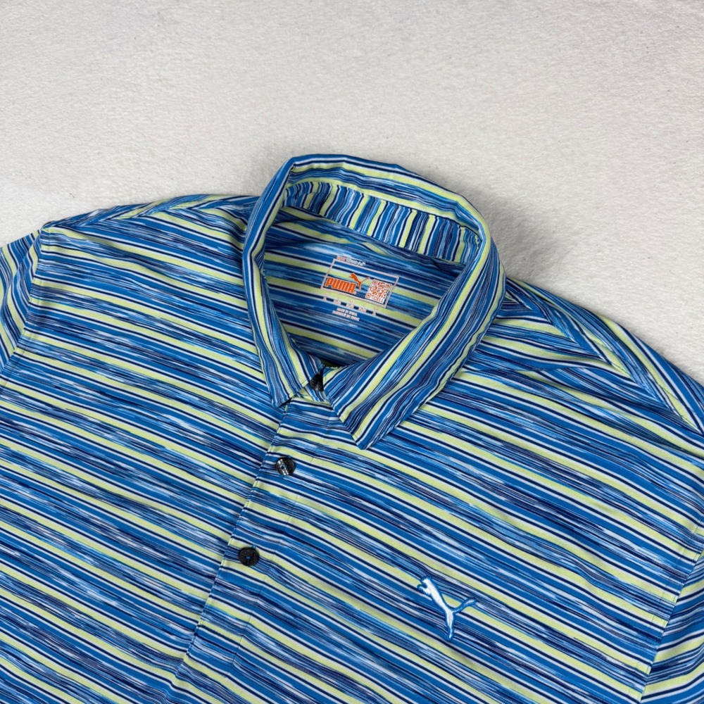 Puma Mens XL dryCELL Golf Polo Shirt Blue‎ Lime Green Striped Short Sleeve Sport